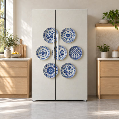 Blue & White Plate Wall fridge wrap on a side-by-side refrigerator
