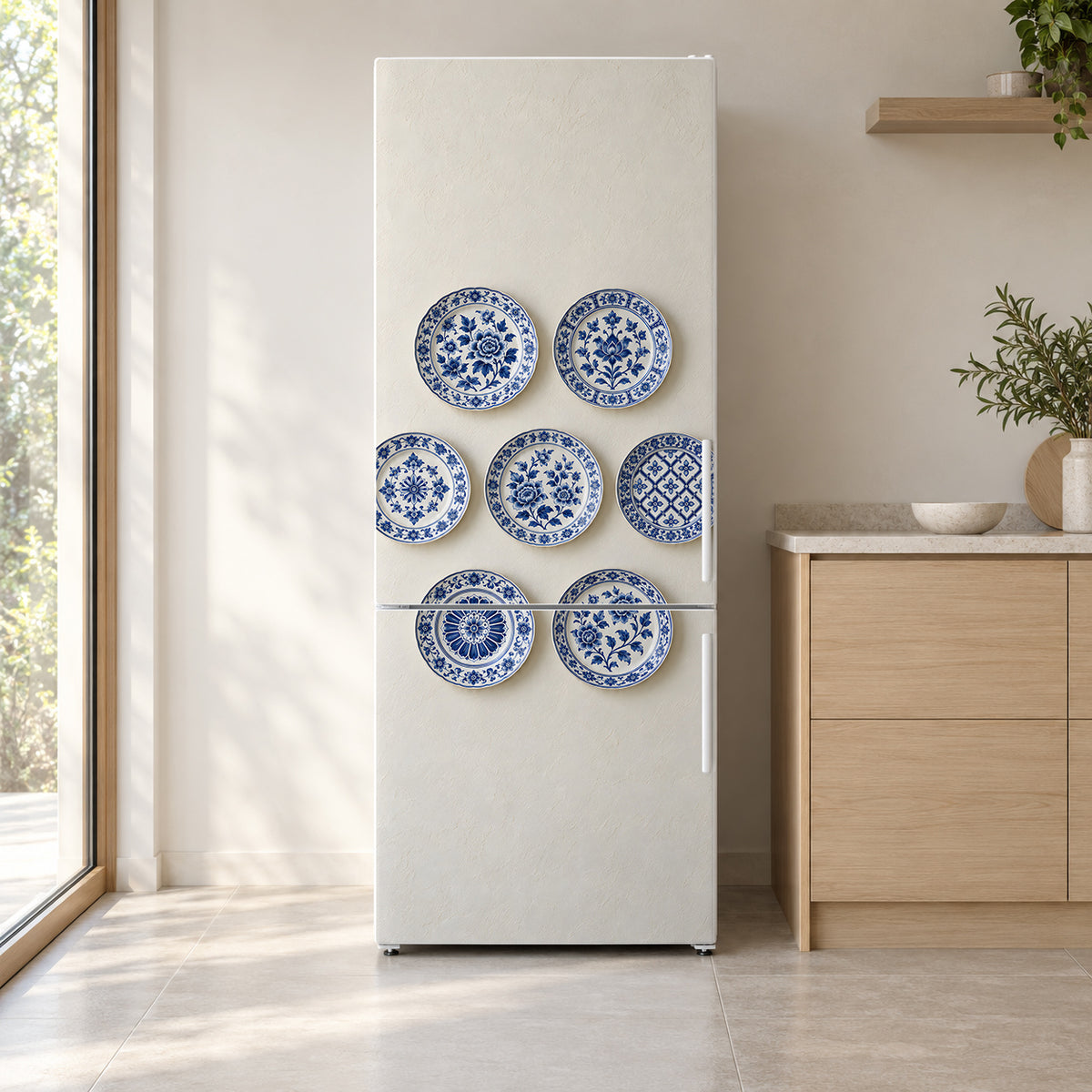 Blue & White Plate Wall fridge wrap on a white refrigerator in a bright kitchen