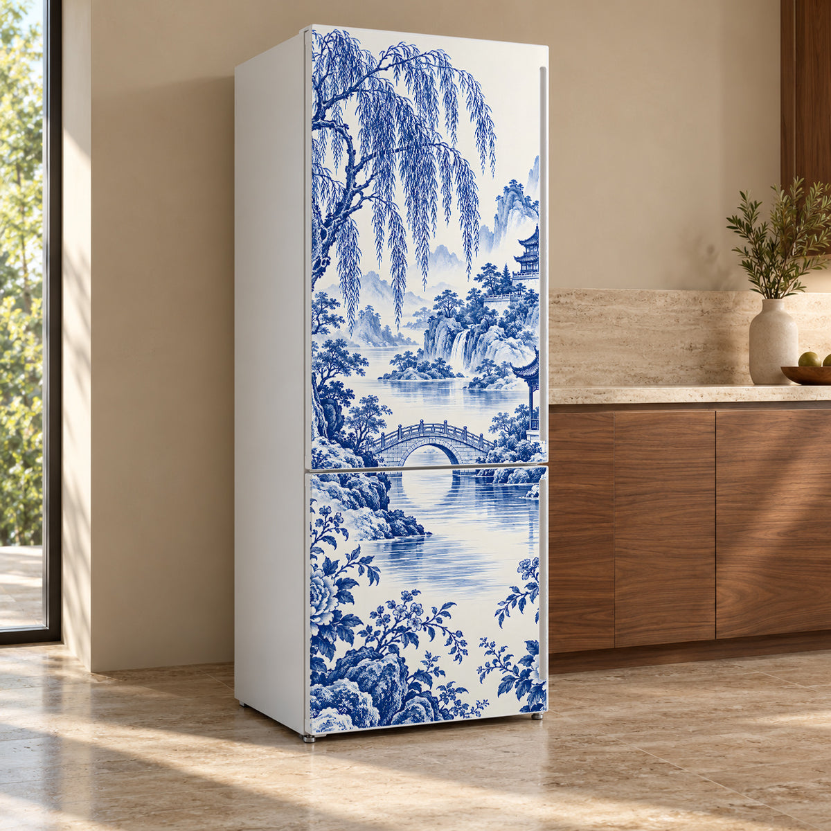 Blue Willow Landscape fridge wrap, refrigerator shown at an angle