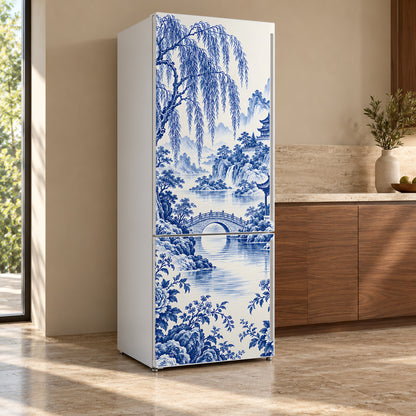 Blue Willow Landscape fridge wrap, refrigerator shown at an angle