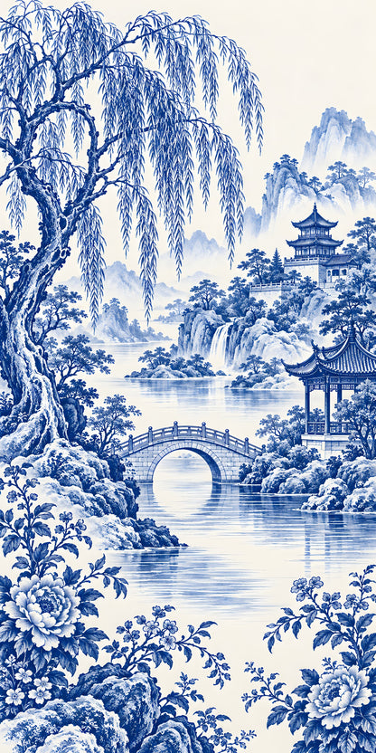 Blue Willow Landscape fridge wrap full design
