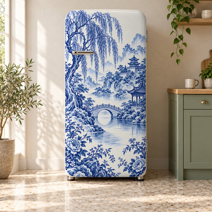 Blue Willow Landscape fridge wrap on a retro refrigerator