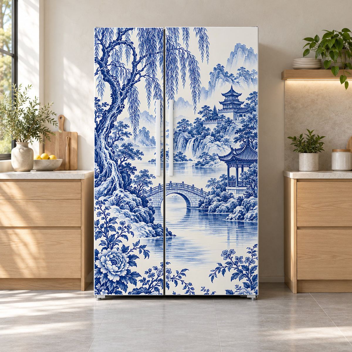 Blue Willow Landscape fridge wrap on a side-by-side refrigerator