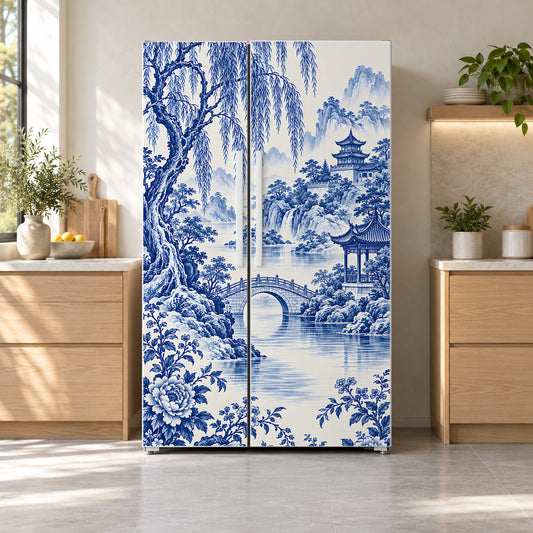Blue Willow Landscape fridge wrap on a side-by-side refrigerator