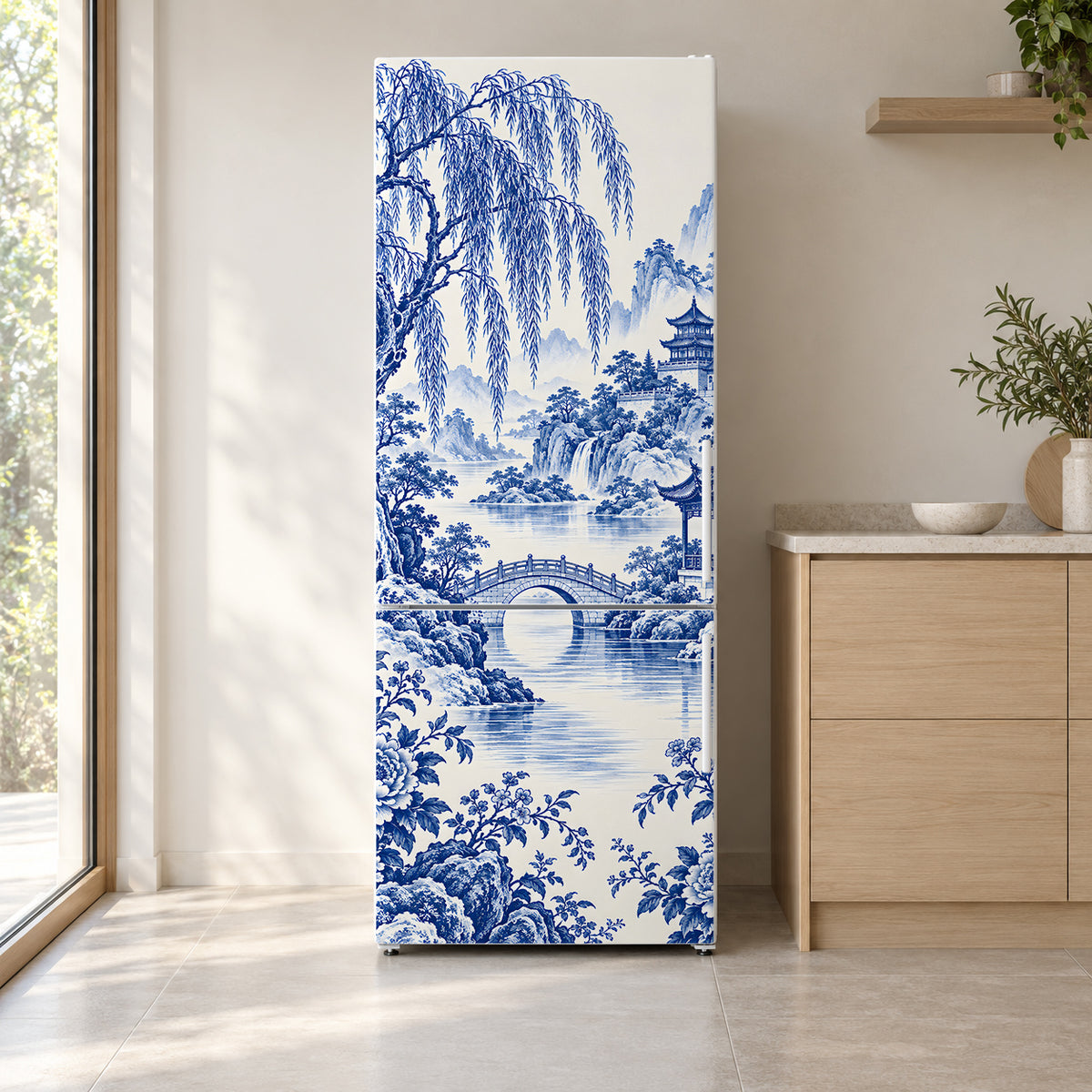 Blue Willow Landscape fridge wrap on a white refrigerator in a bright kitchen