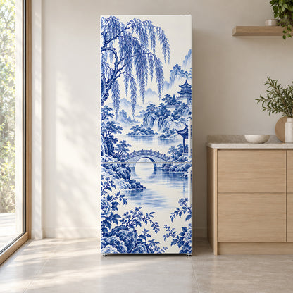 Blue Willow Landscape fridge wrap on a white refrigerator in a bright kitchen