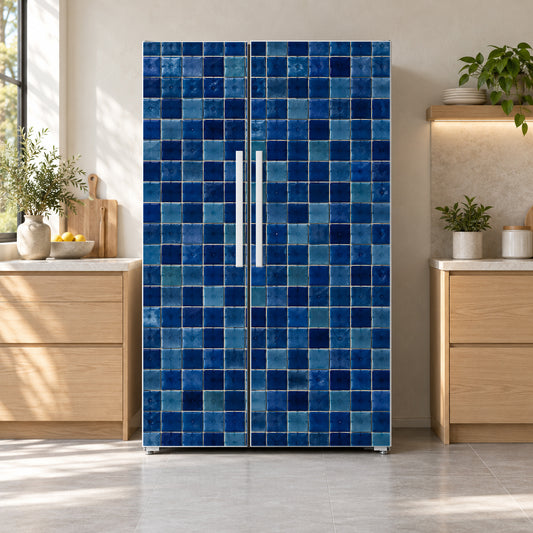Blue Zellige Tiles fridge wrap on a side-by-side refrigerator