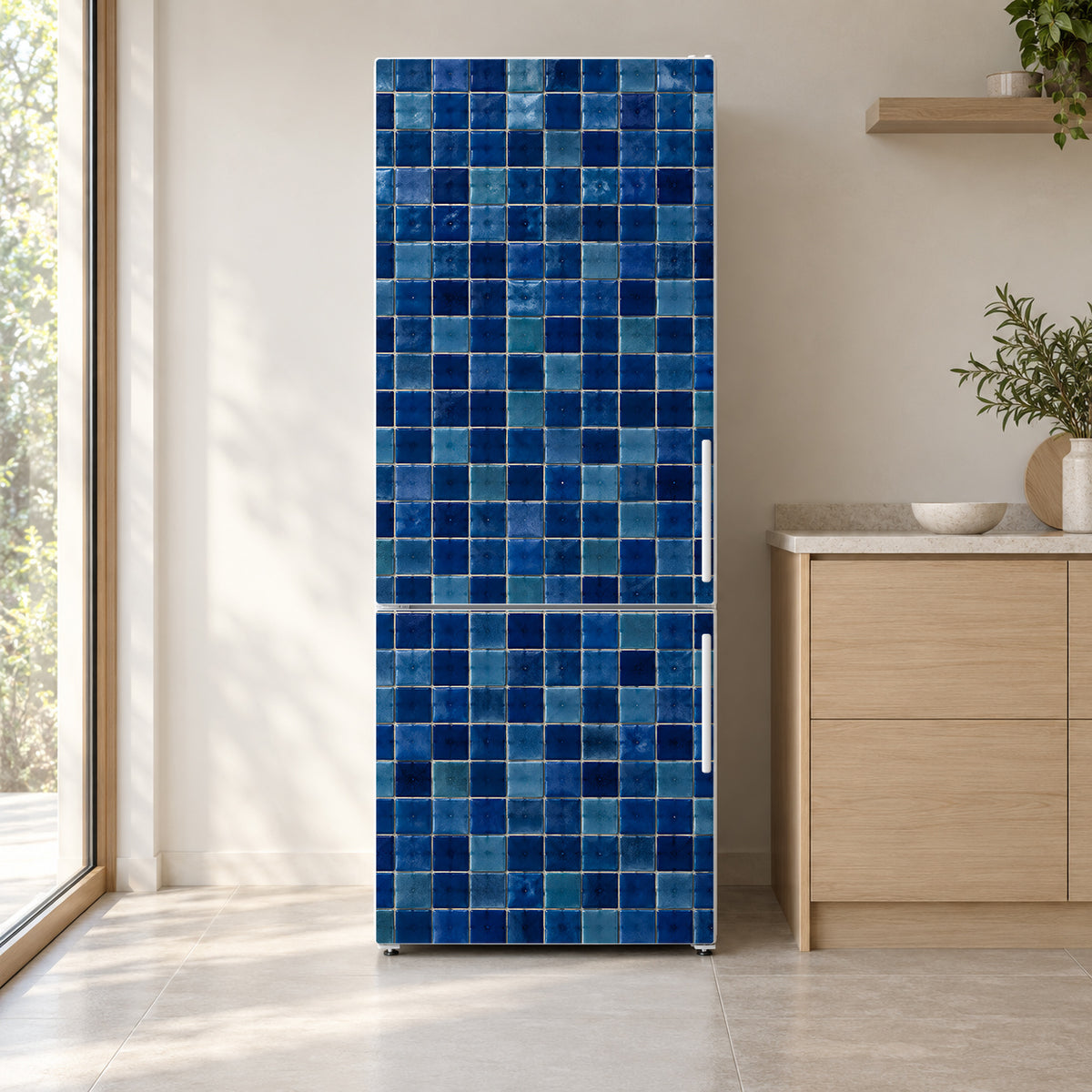 Blue Zellige Tiles fridge wrap on a white refrigerator in a bright kitchen