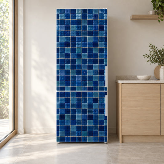 Blue Zellige Tiles fridge wrap on a white refrigerator in a bright kitchen
