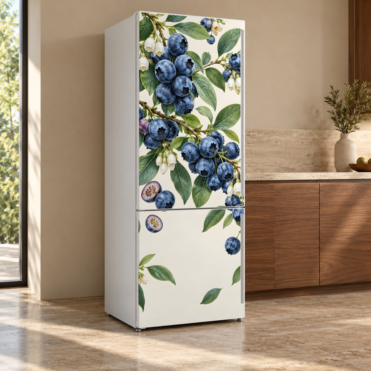 Blueberries fridge wrap, refrigerator shown at an angle