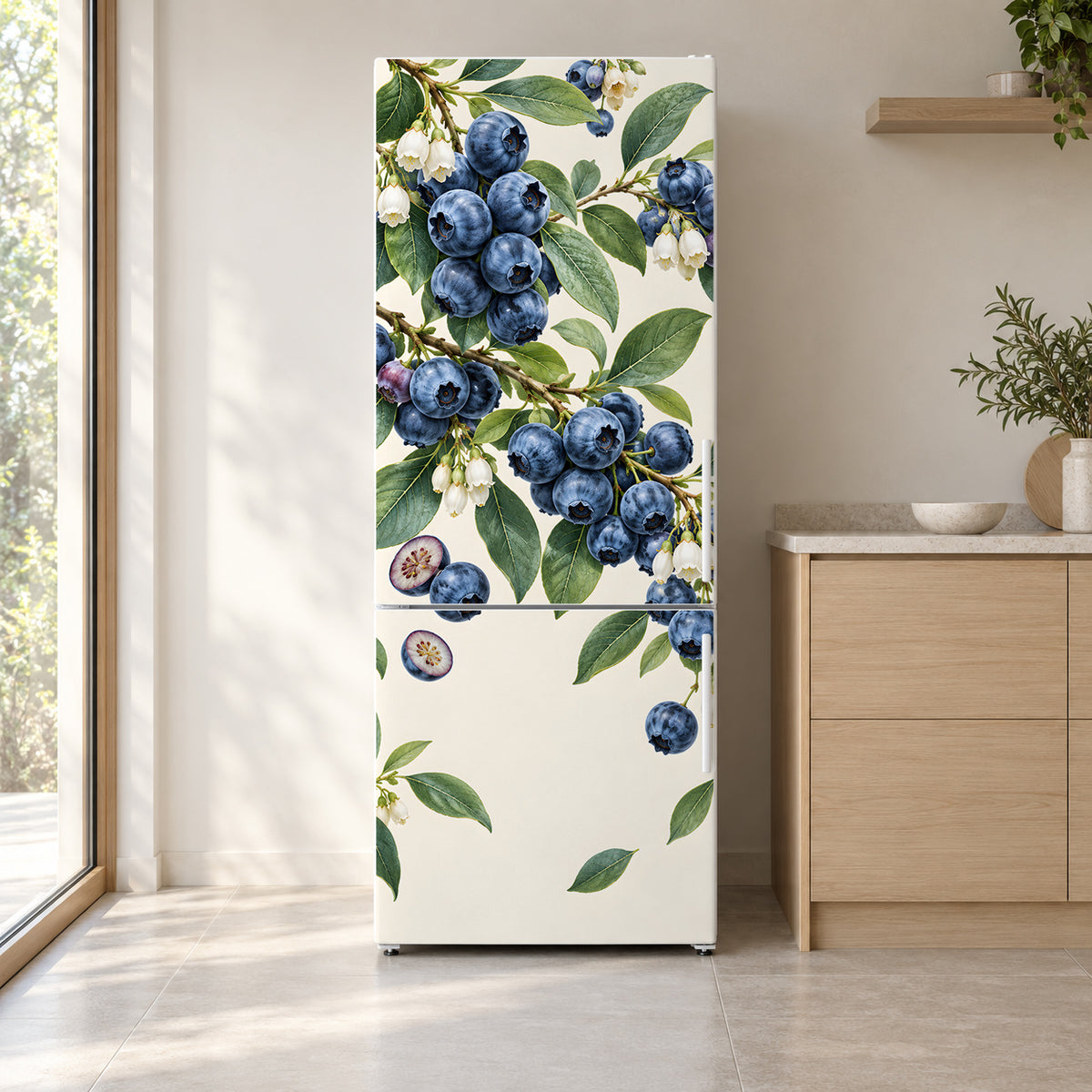 Blueberries fridge wrap on a white refrigerator in a bright kitchen