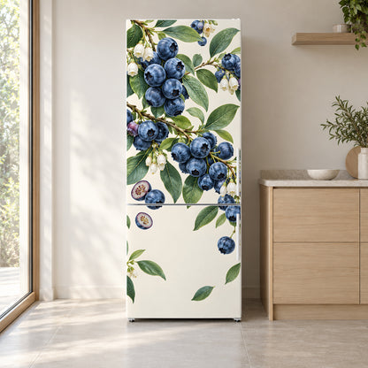 Blueberries fridge wrap on a white refrigerator in a bright kitchen