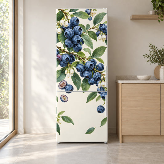 Blueberries fridge wrap on a white refrigerator in a bright kitchen