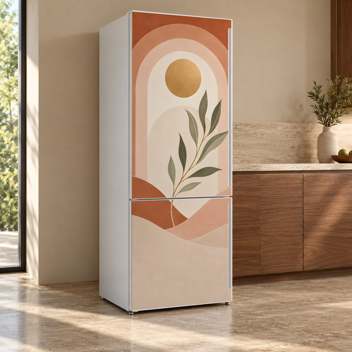 Boho Arches fridge wrap, refrigerator shown at an angle