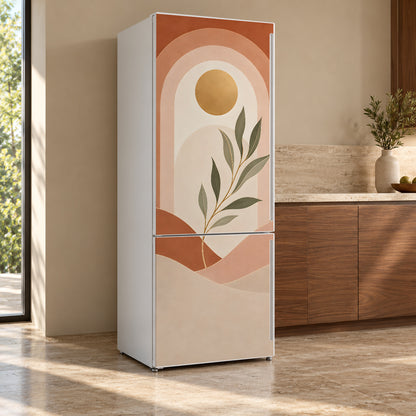 Boho Arches fridge wrap, refrigerator shown at an angle