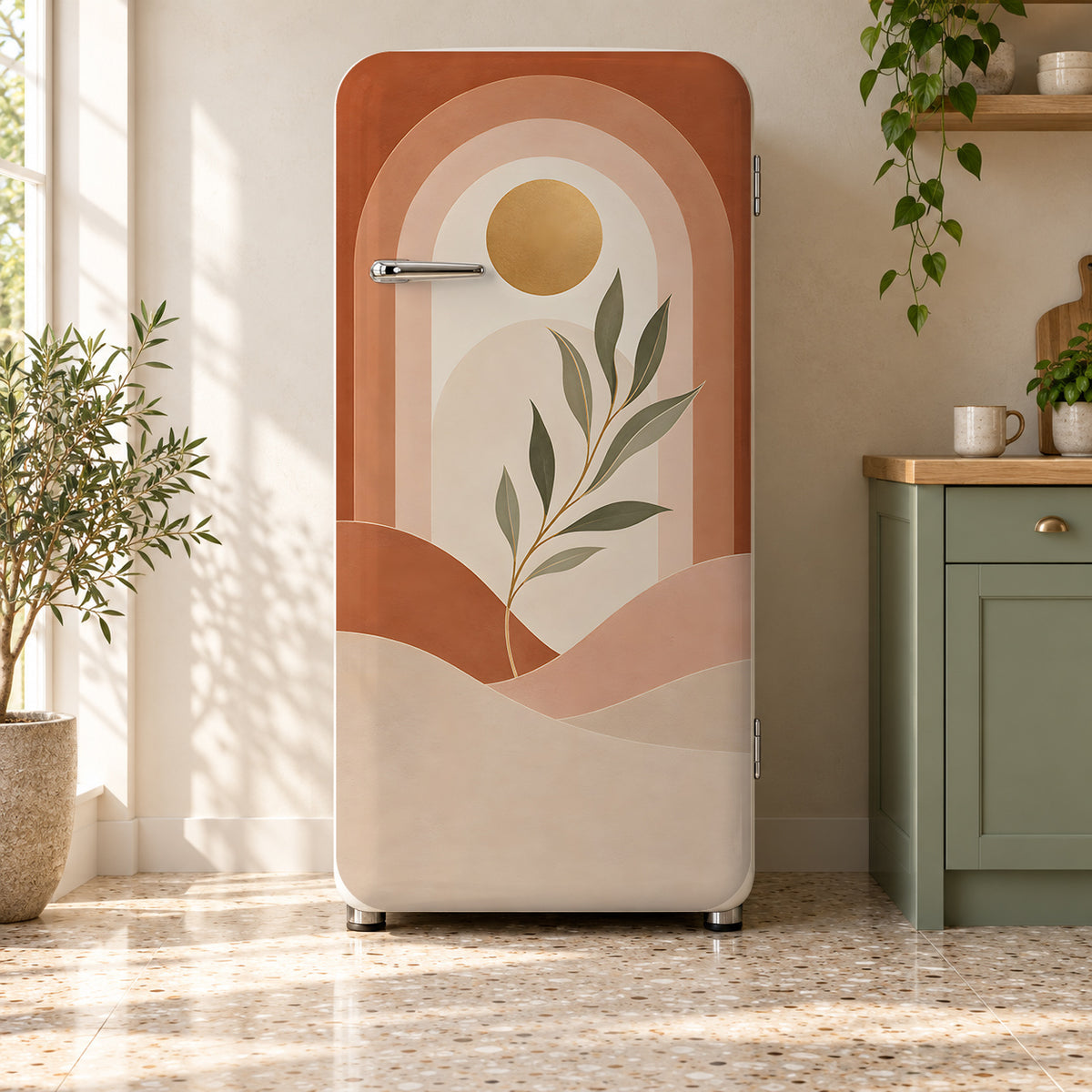 Boho Arches fridge wrap on a retro refrigerator