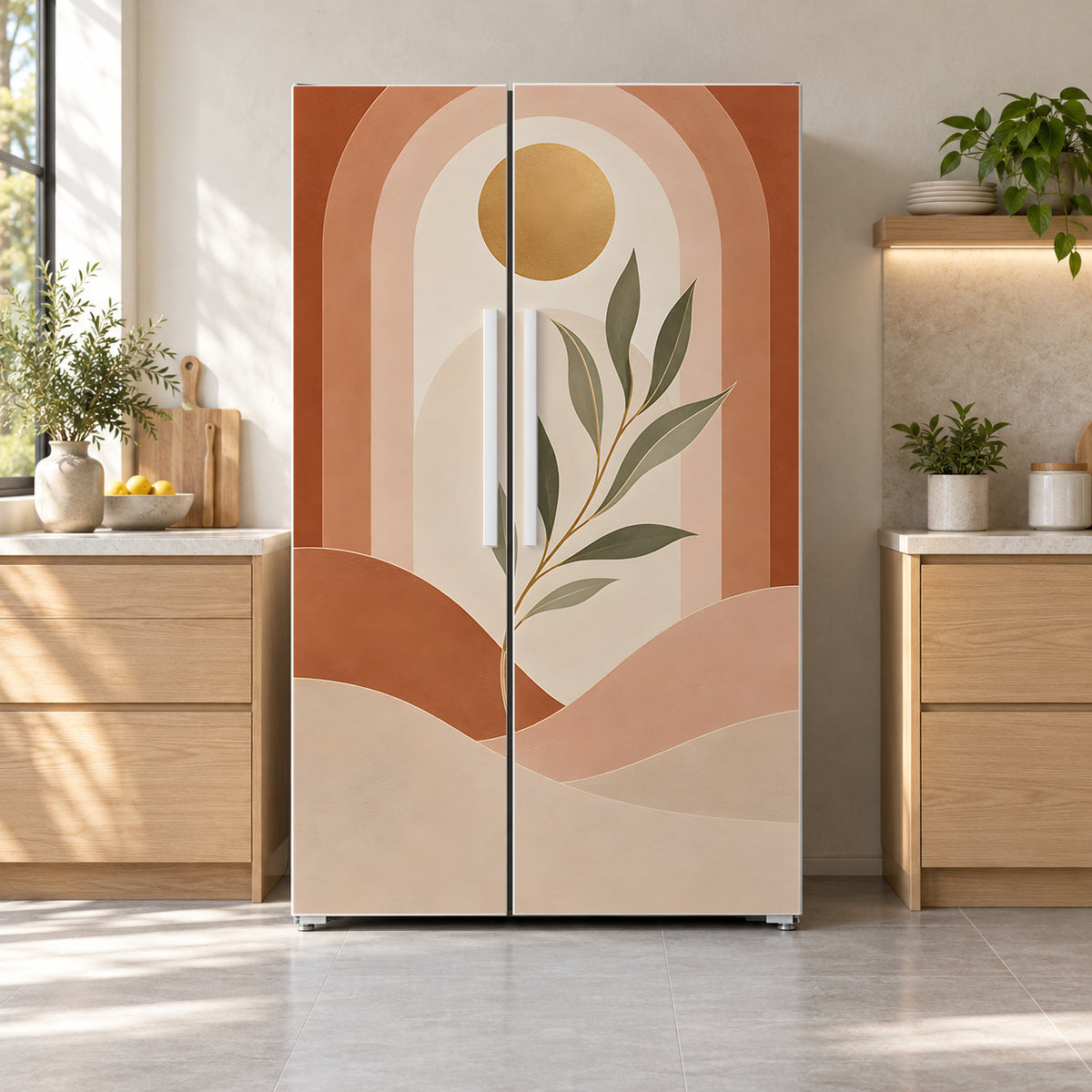 Boho Arches fridge wrap on a side-by-side refrigerator