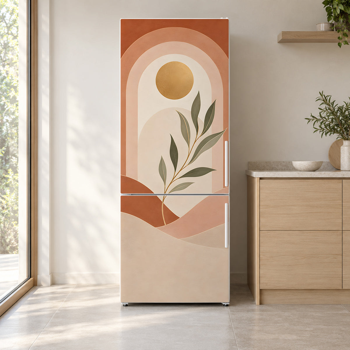 Boho Arches fridge wrap on a white refrigerator in a bright kitchen