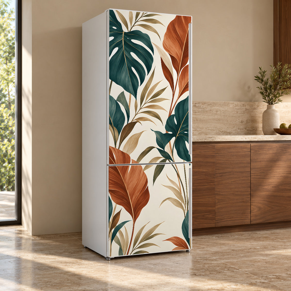 Boho Leaves Terracotta & Teal fridge wrap, refrigerator shown at an angle