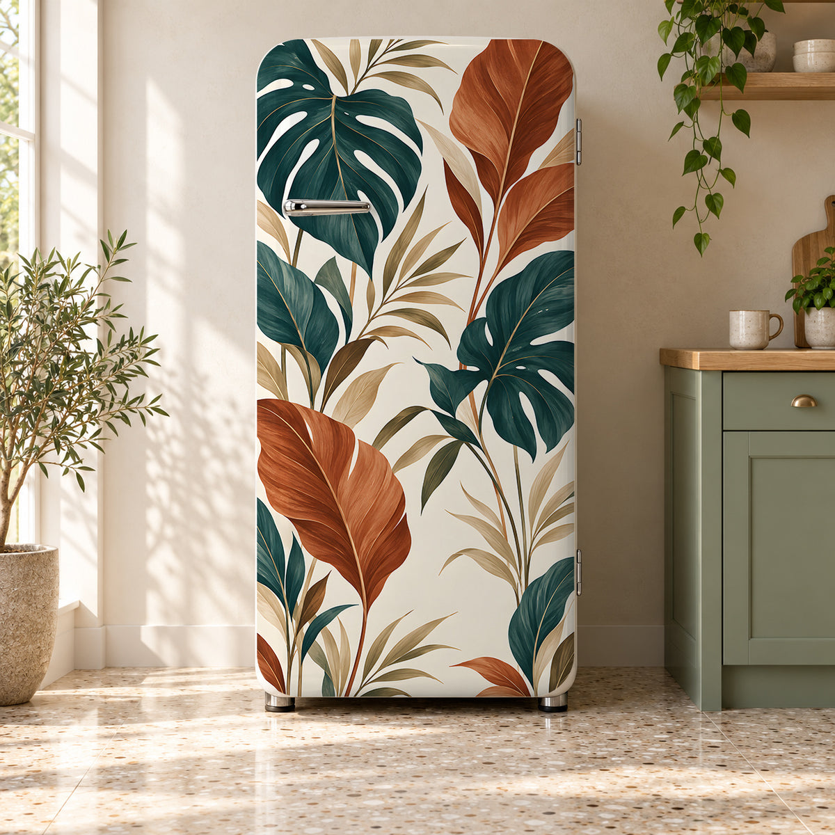 Boho Leaves Terracotta & Teal fridge wrap on a retro refrigerator