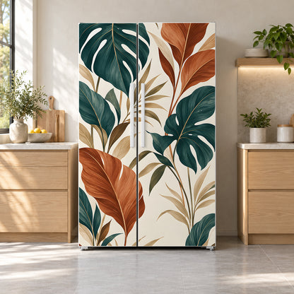 Boho Leaves Terracotta & Teal fridge wrap on a side-by-side refrigerator