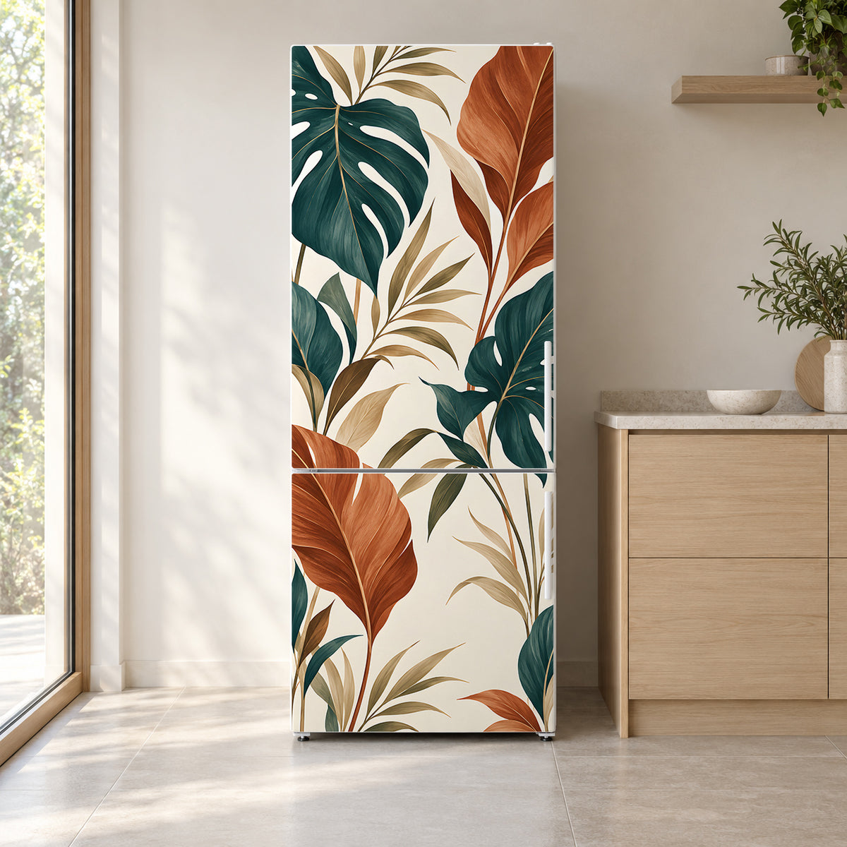 Boho Leaves Terracotta & Teal fridge wrap on a white refrigerator in a bright kitchen