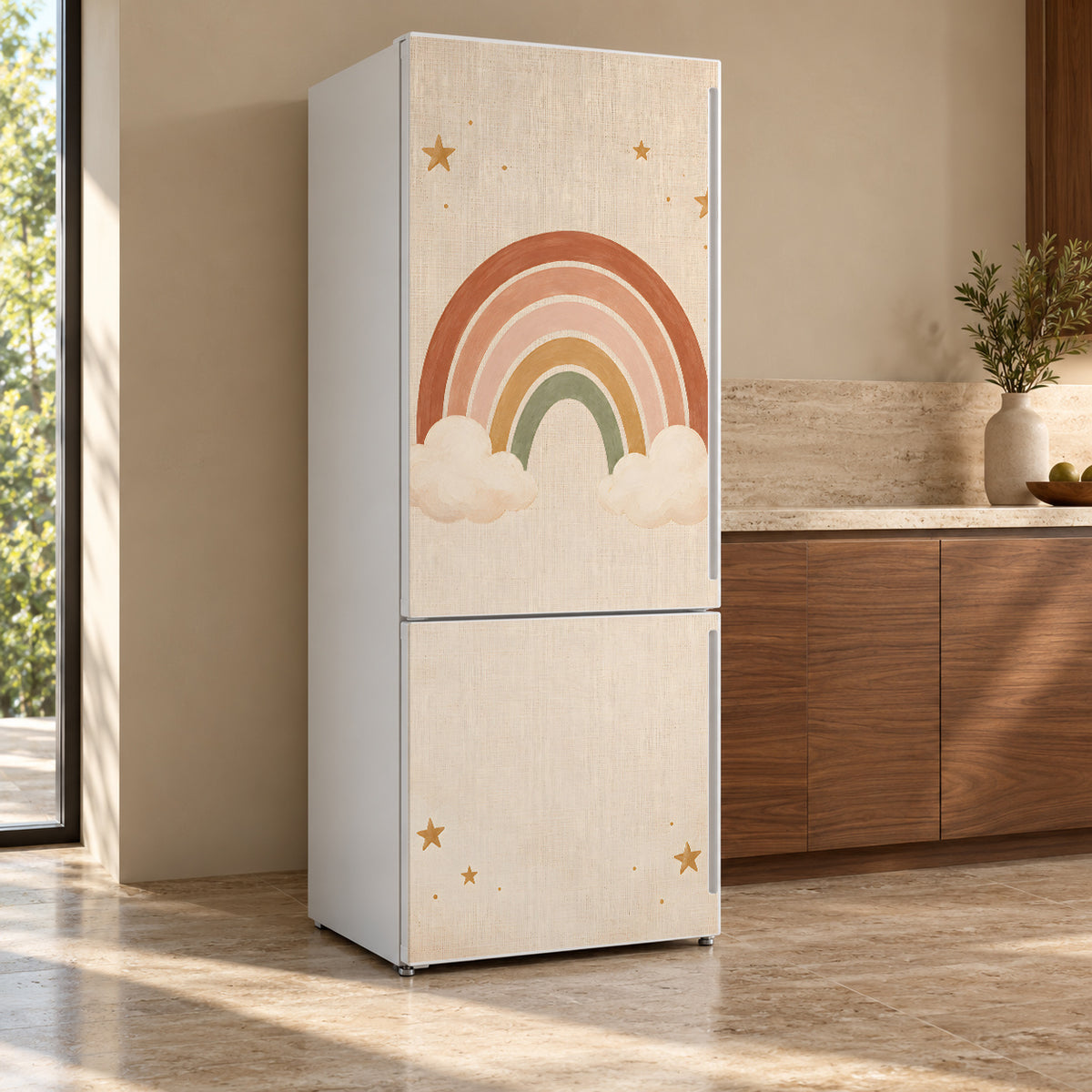 Boho Rainbow Nursery fridge wrap, refrigerator shown at an angle