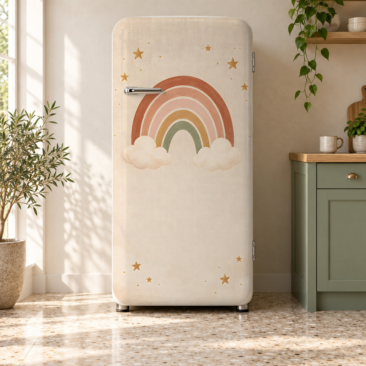 Boho Rainbow Nursery fridge wrap on a retro refrigerator