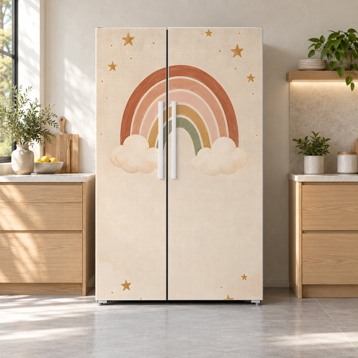 Boho Rainbow Nursery fridge wrap on a side-by-side refrigerator