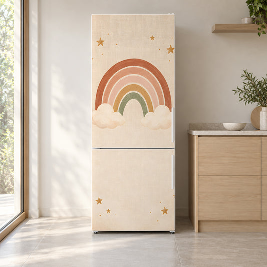 Boho Rainbow Nursery fridge wrap on a white refrigerator in a bright kitchen