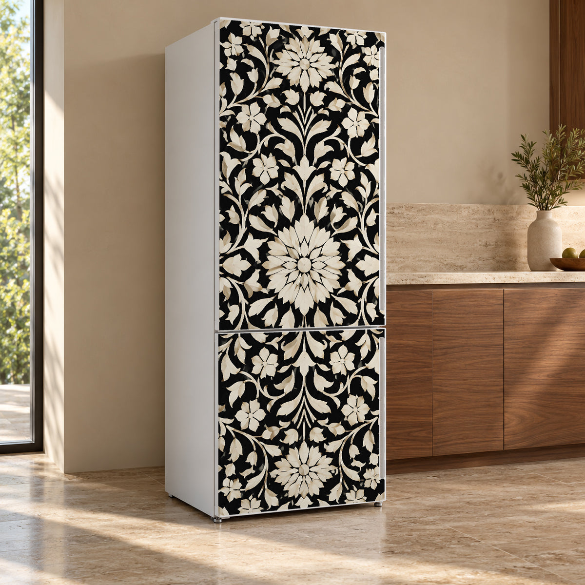 Bone Inlay Pattern fridge wrap, refrigerator shown at an angle