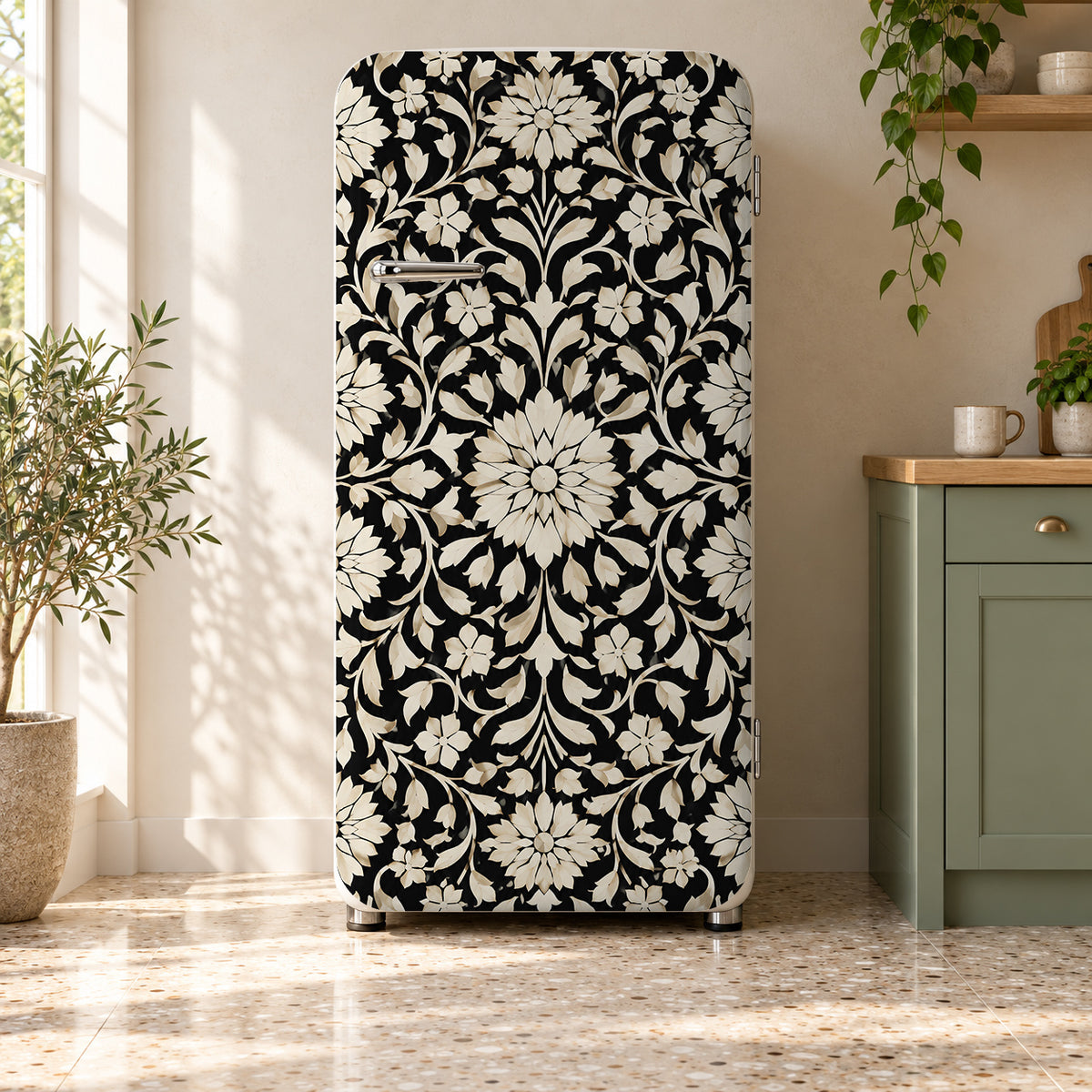 Bone Inlay Pattern fridge wrap on a retro refrigerator