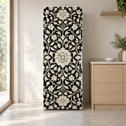 Bone Inlay Pattern fridge wrap on a white refrigerator in a bright kitchen