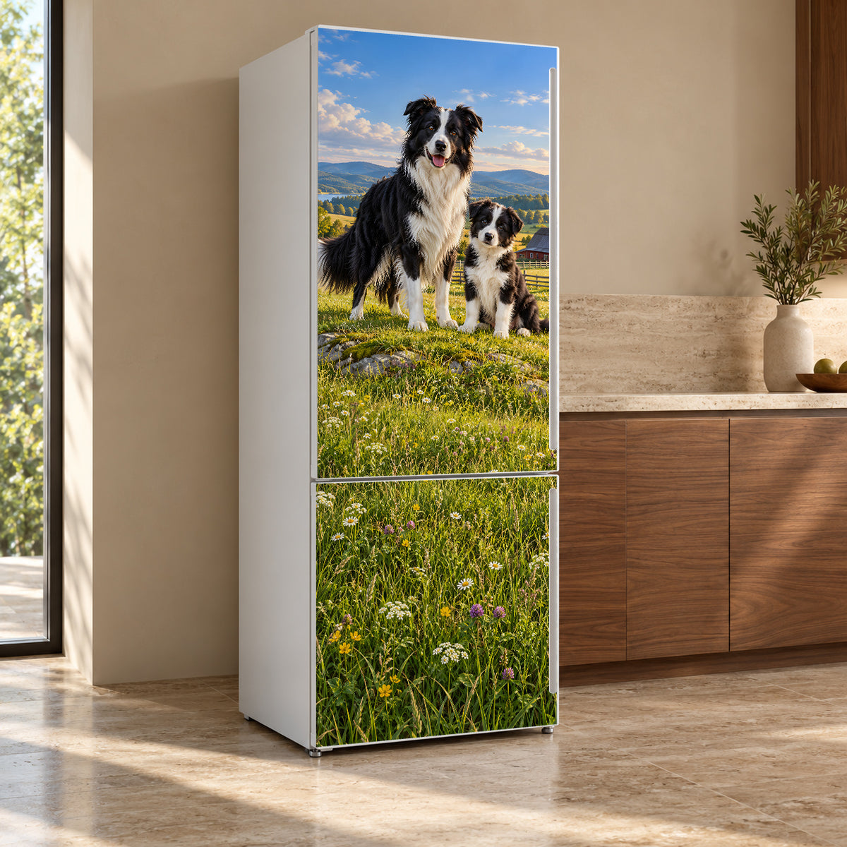 Border Collies fridge wrap, refrigerator shown at an angle