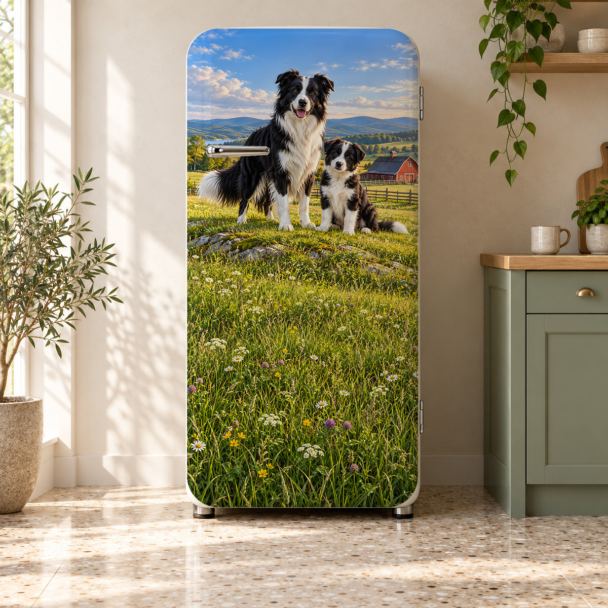 Border Collies fridge wrap on a retro refrigerator