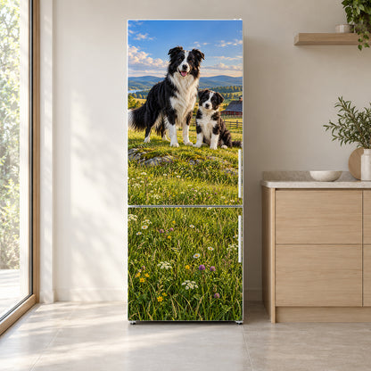 Border Collies fridge wrap on a white refrigerator in a bright kitchen