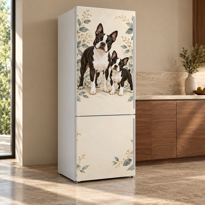 Boston Terriers fridge wrap, refrigerator shown at an angle