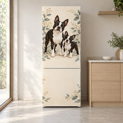 Boston Terriers fridge wrap on a white refrigerator in a bright kitchen