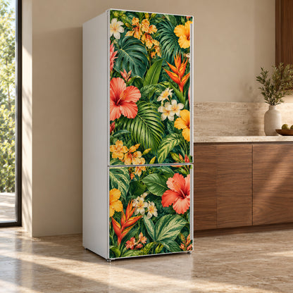 Botanical Maximalist Wallpaper fridge wrap, refrigerator shown at an angle