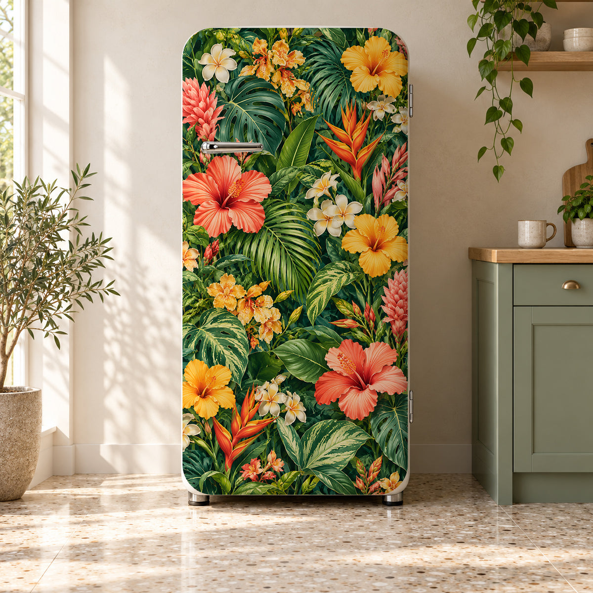 Botanical Maximalist Wallpaper fridge wrap on a retro refrigerator