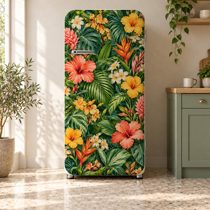 Botanical Maximalist Wallpaper fridge wrap on a retro refrigerator