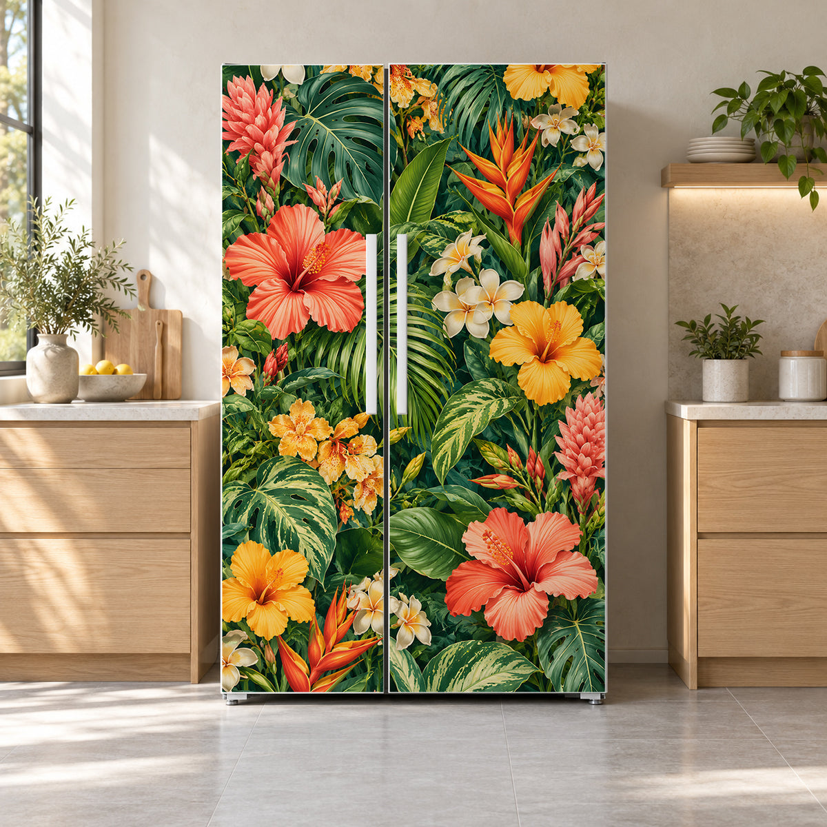 Botanical Maximalist Wallpaper fridge wrap on a side-by-side refrigerator
