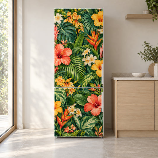 Botanical Maximalist Wallpaper fridge wrap on a white refrigerator in a bright kitchen