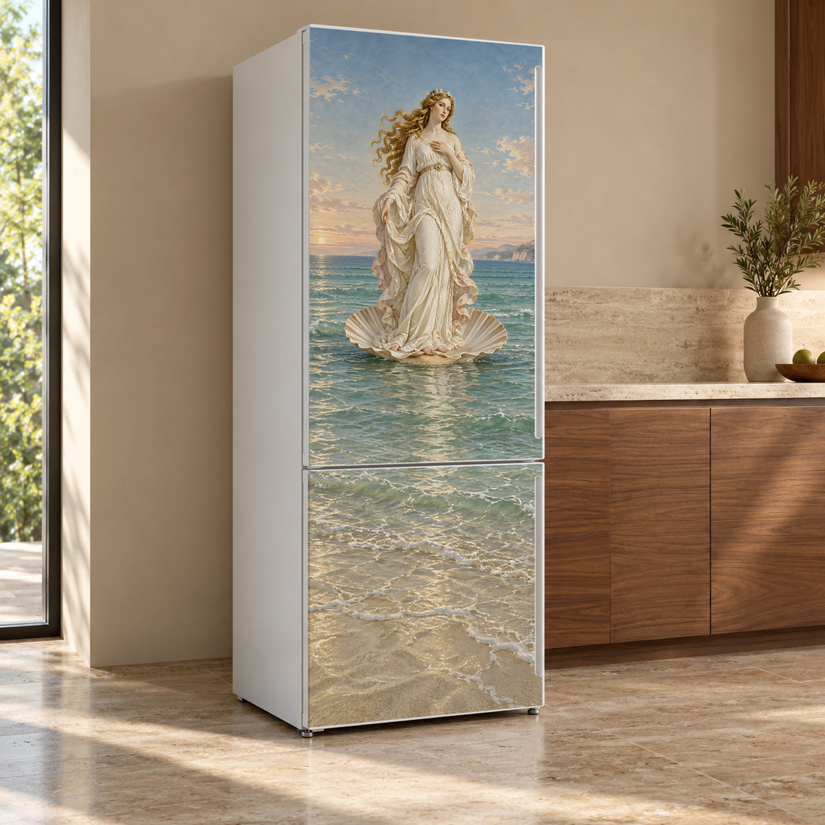Botticelli Inspired Venus fridge wrap, refrigerator shown at an angle
