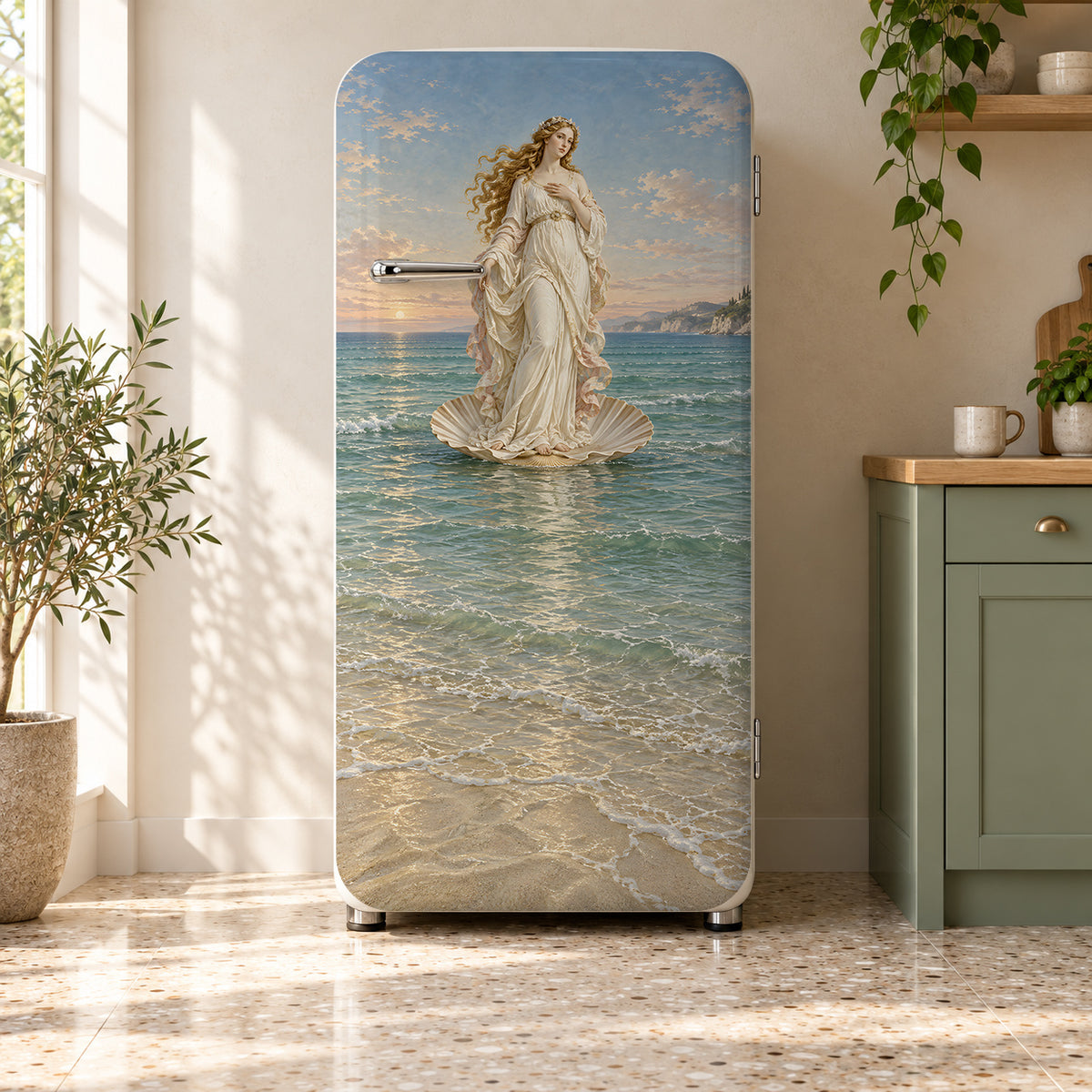 Botticelli Inspired Venus fridge wrap on a retro refrigerator