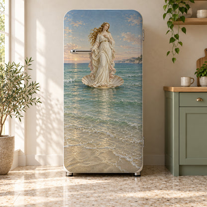 Botticelli Inspired Venus fridge wrap on a retro refrigerator