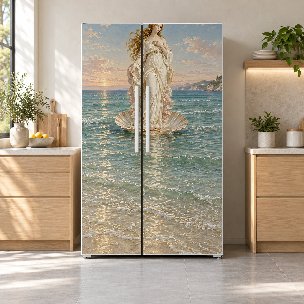 Botticelli Inspired Venus fridge wrap on a side-by-side refrigerator