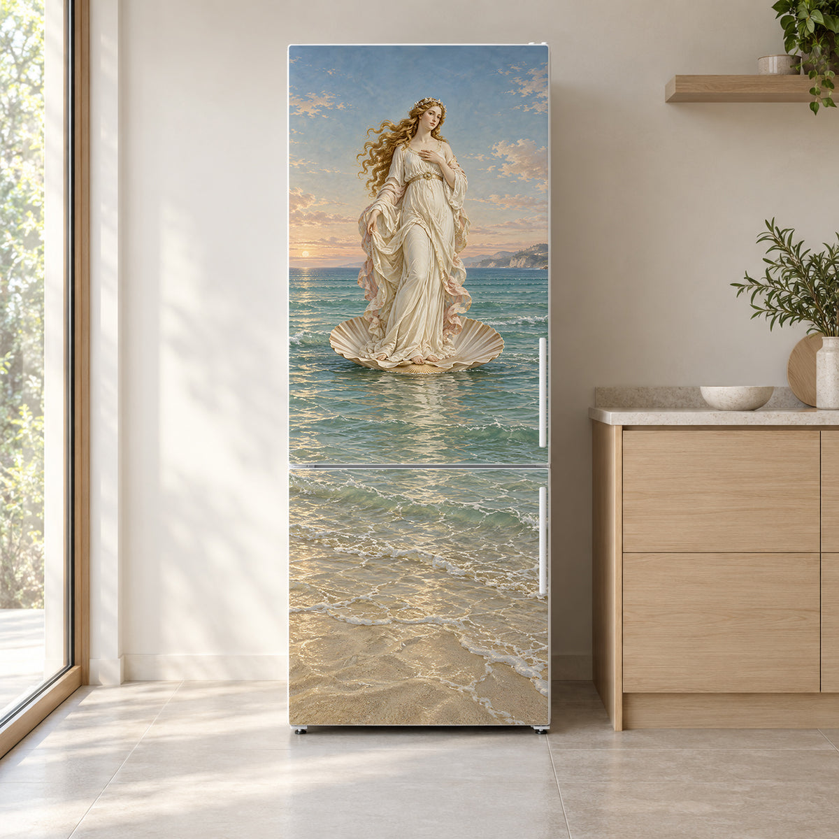 Botticelli Inspired Venus fridge wrap on a white refrigerator in a bright kitchen