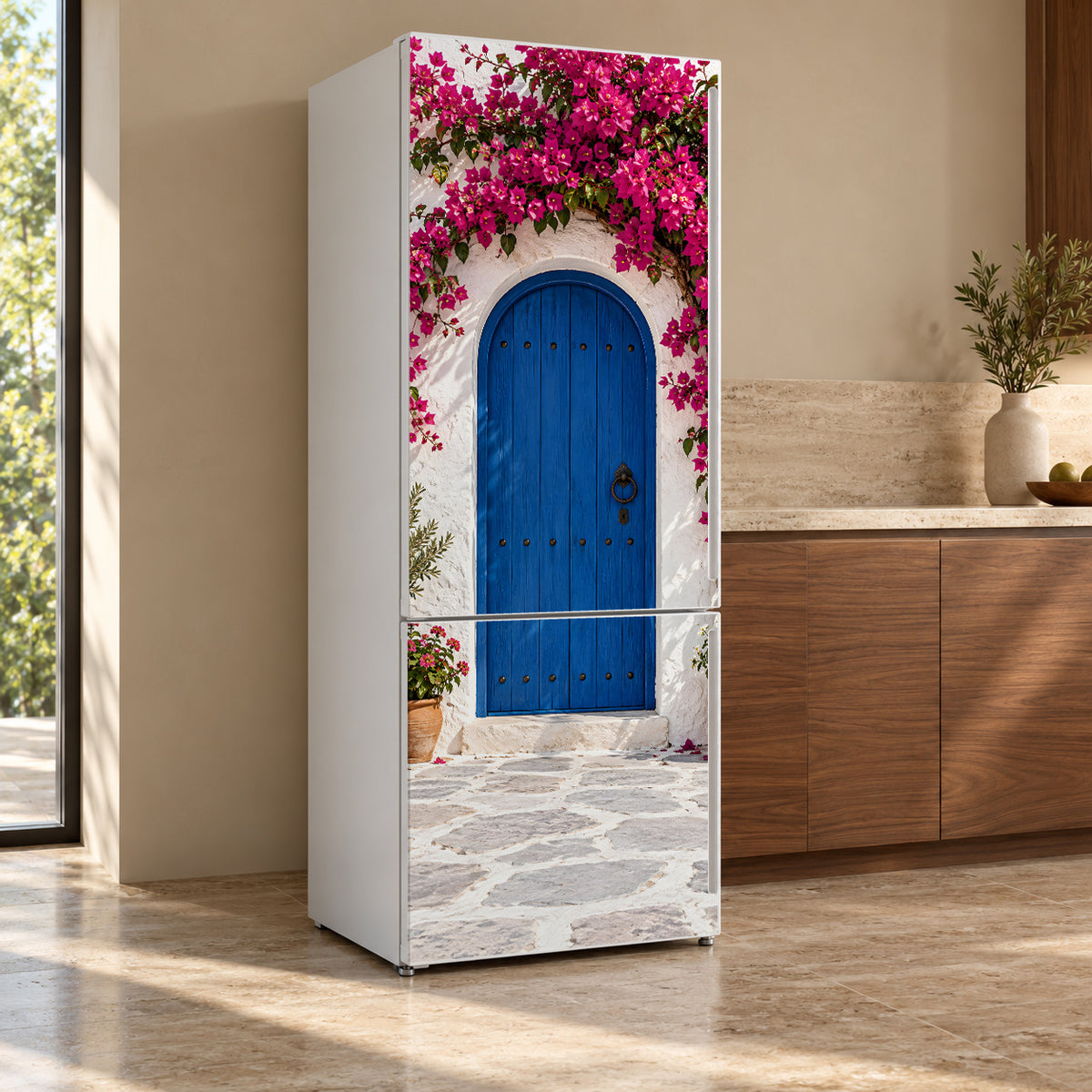 Bougainvillea Mediterranean Wall fridge wrap, refrigerator shown at an angle