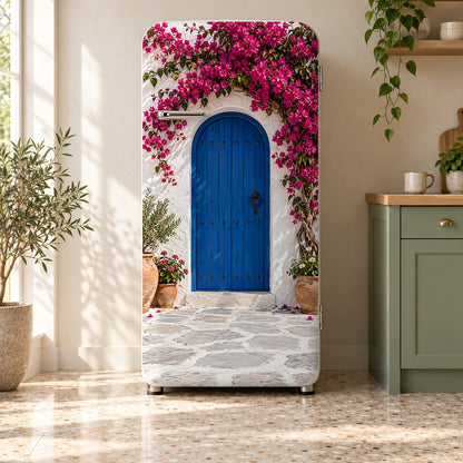 Bougainvillea Mediterranean Wall fridge wrap on a retro refrigerator